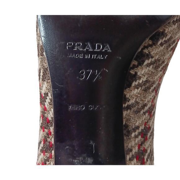 PRADA Houndstooth Fabric Heels Pumps Shoes Size 37.5 Peep Toe Brown Red Wool - Picture 7 of 11